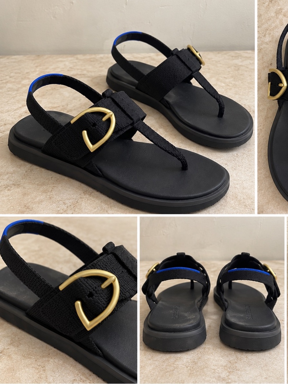 Rothy’s Black T-Strap Sandals Gold Buckle Size 5.5